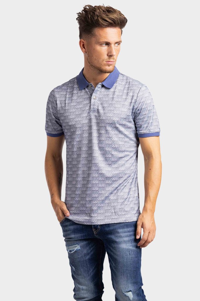 Guess All Over Logo Print Polo Heren Blauw - Maat XL - Kleur: Blauw | Soccerfanshop