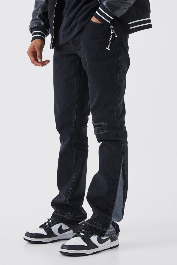 Onbewerkte Gescheurde Flared Slim Fit Jeans Met Contrasterend Gusset Detail