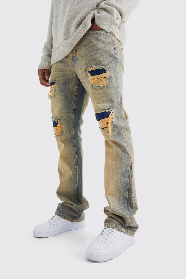 Onbewerkte Slim Fit Rip & Repair Jeans Met Wijd Uitlopende Pijpen