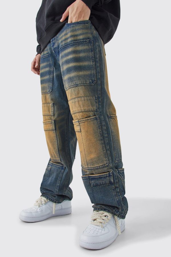 Onbewerkte Baggy Overdye Cargo Jeans Met Zakken