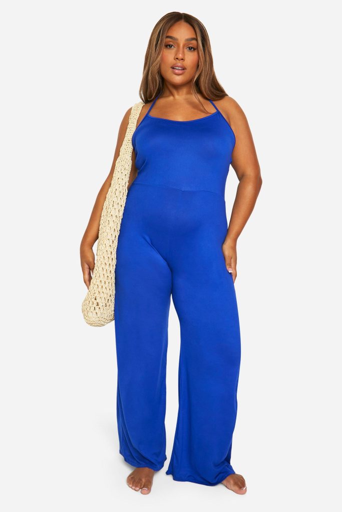 Plus Super Zachte Basic Strand Jumpsuit Met Strik En Laag Uitgesneden Rug