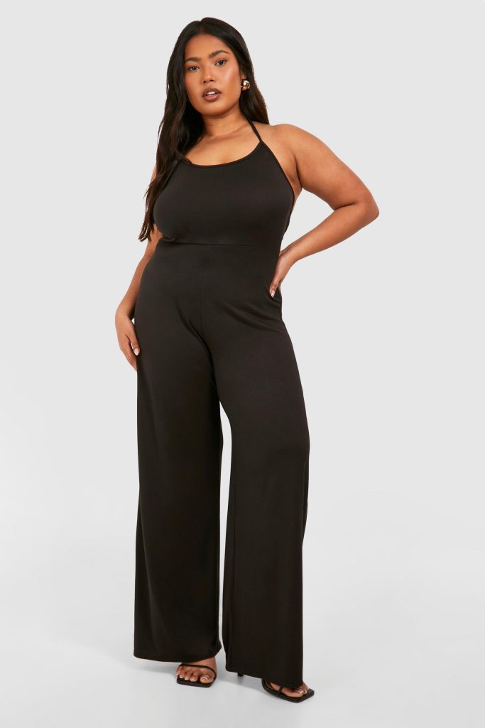 Plus Super Zachte Basic Strand Jumpsuit Met Strik En Laag Uitgesneden Rug