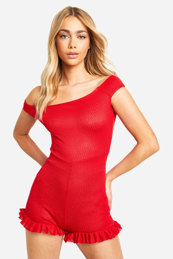 Off Shoulder Off Shoulder Romper Met Ruches En Skort