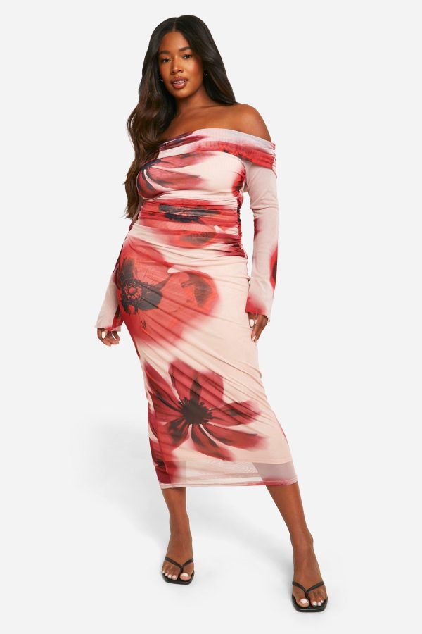 Plus Geplooide Mesh Off Shoulder Bloemen Midaxi Jurk