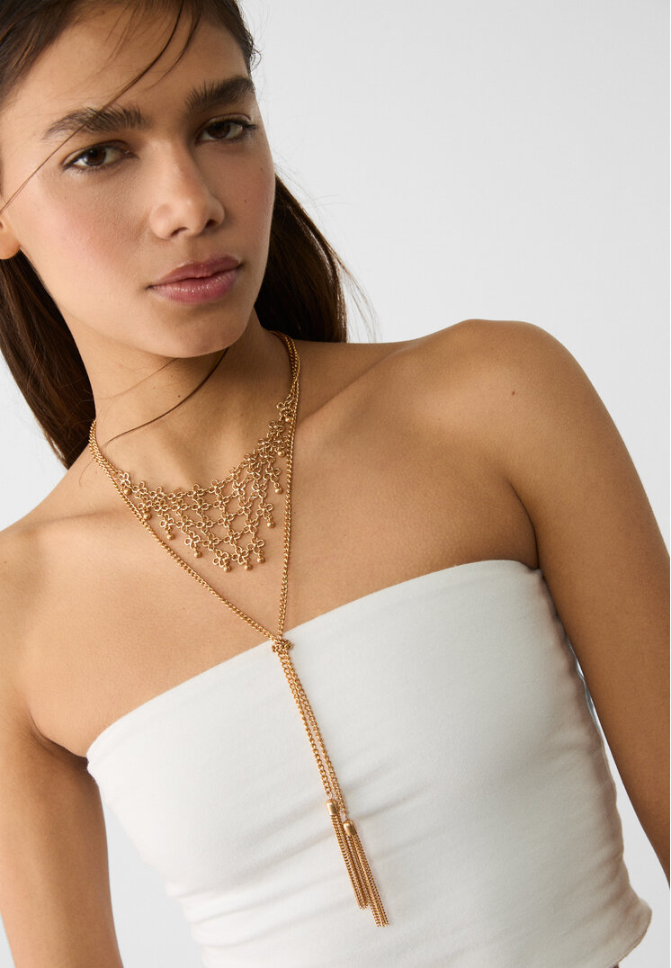 Stradivarius Maxi lariat ketting met minibloemen  Goud OS