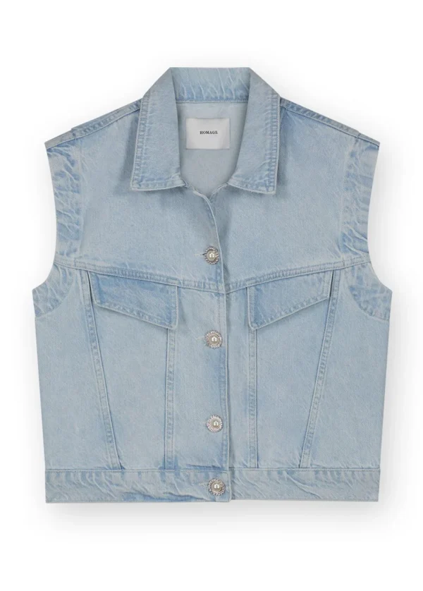 Homage to Denim Licht kort denim gilet met strass