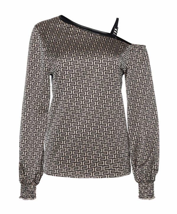 Zip73 Top A-symm. Graphic Champagne/zw. W24/627/02/009 T-shirt Lange Mouw 009 Zwart/champagne