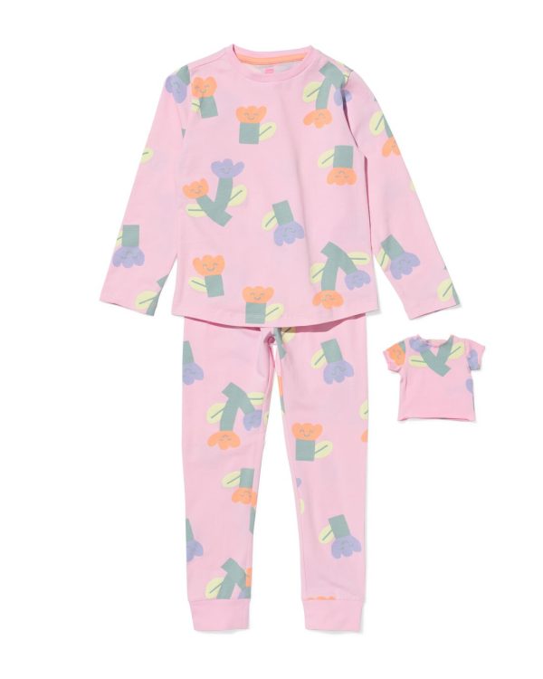 HEMA Kinderpyjama Bloem + Poppenpyjama Roze (roze)