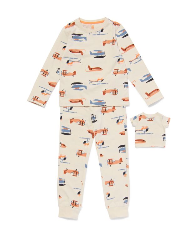 HEMA Kinderpyjama Stretch Katoen Vliegtuig En Poppennachtshirt Gebroken Wit (gebroken wit)