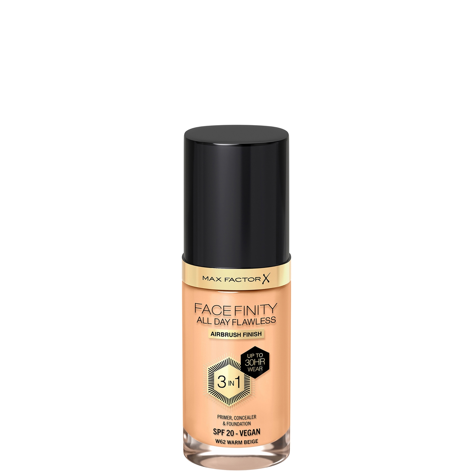 Max Factor Facefinity All Day Flawless 3 in 1 Vegan Foundation 30ml (Various Shades) - W62 - WARM BEIGE