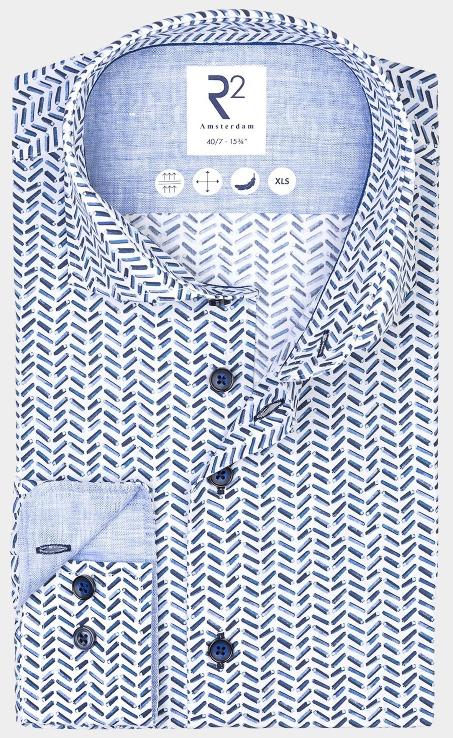 R2 Amsterdam Overhemd extra lange mouw Blauw Blue stromer accu print 124.WSP.XLS.041/014