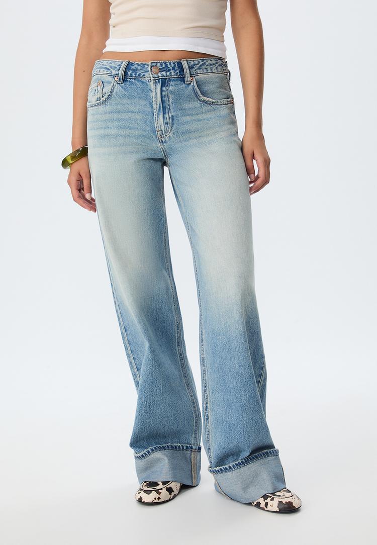 Stradivarius D91 Jeans lage wijde pijpen  LICHTE MIDDENBLAUWE DENIM WASSING 32