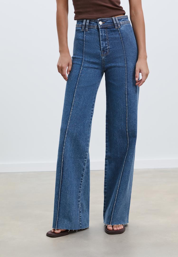 Stradivarius D63 Jeans wijde pijpen stiksels  MIDDENBLAUWE DENIM WASSING 40