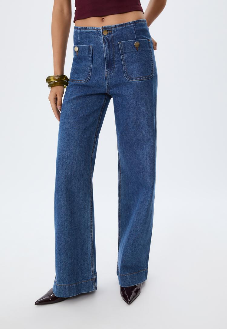 Stradivarius D77 minimalistische jeans met zakken  MIDDENBLAUWE DENIM WASSING 38
