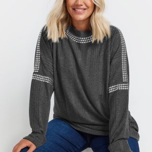 Yours Geribbelde Trui Met Studversiering In Grijs