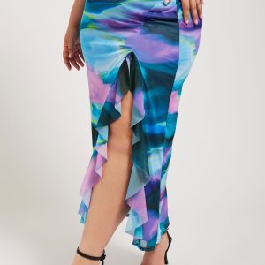 Yours London Maxirok Met Abstracte Print En Split Met Ruches In Blauw Size 54-56