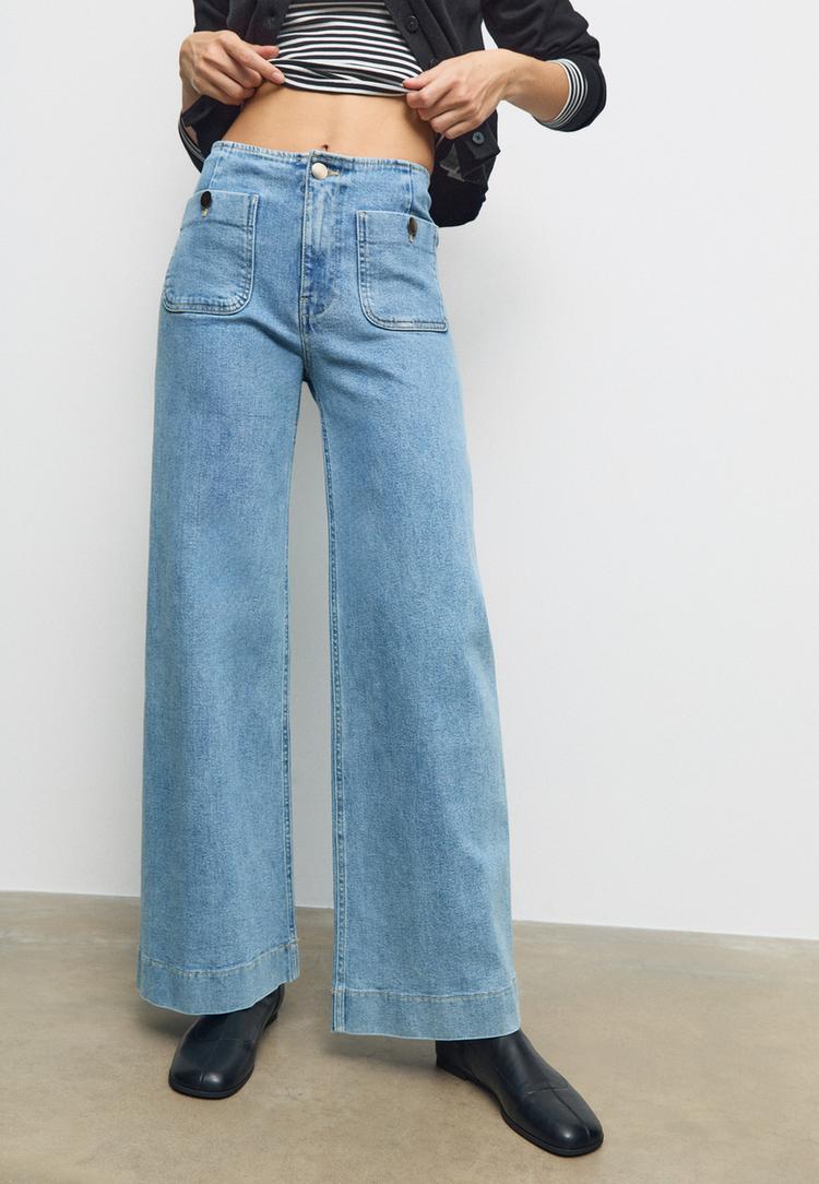 Stradivarius D77 minimalistische jeans met zakken  LICHTE MIDDENBLAUWE DENIM WASSING 34