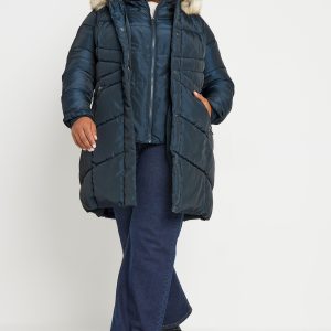 Yours Gewatteerde Midijas Met Capuchon Met Rand Van Imitatiebont In Donkerblauw Size 50-52