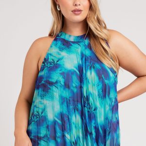 Yours London Geplooide Top Zonder Mouwen Met Abstracte Print In Blauw Size 54-56