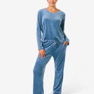 HEMA HEMA Dames Loungebroek Velours Middenblauw (middenblauw)