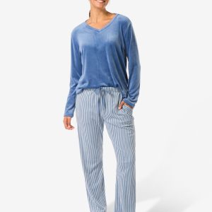 HEMA HEMA Dames Loungebroek Velours Strepen Middenblauw (middenblauw)