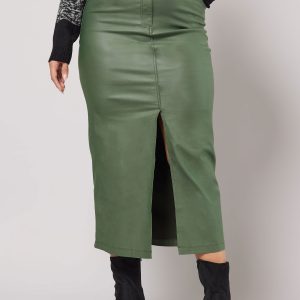 Yours Midaxirok Met Coating En Splitdetail Aan De Voorkant In Kakigroen Size 54-56