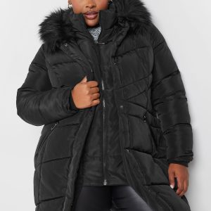 Yours Gewatteerde Midijas Met Capuchon Met Rand Van Imitatiebont In Zwart Size 58-60