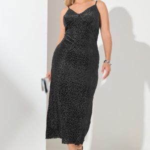 Yours London Midaxijurk Met Fluweel Luipaardmotief In Zwart Size 58-60