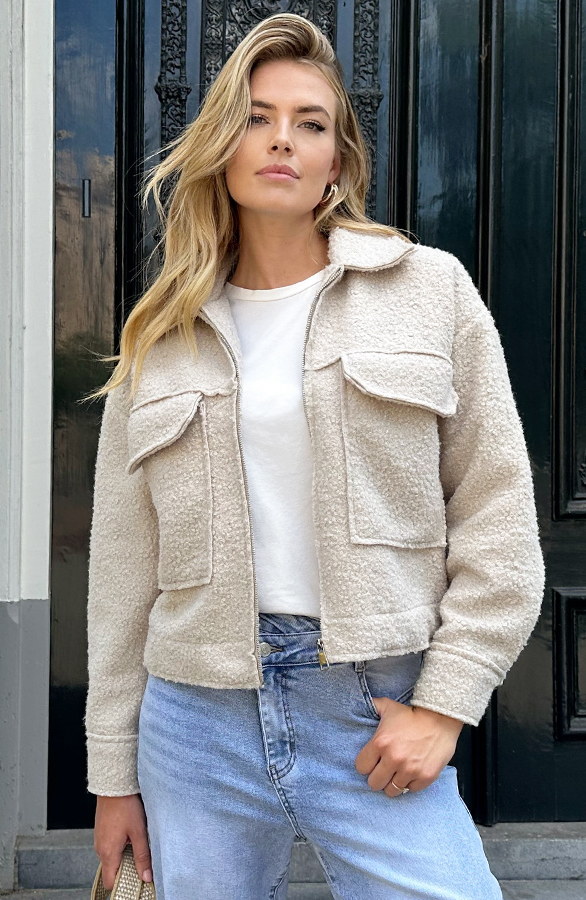 Boucle Jacket Met Rits Beige