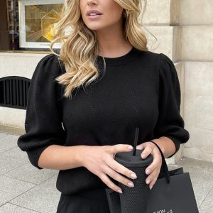 Hartjes Knitted Pofmouwen Top Zwart