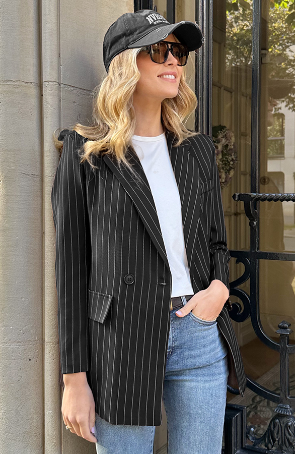 Oversized Striped Print Blazer Zwart