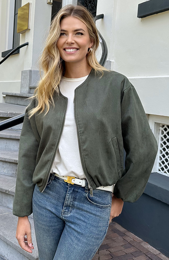 Oversized Suede Bomber Jacket Army