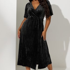 Yours London Wikkeljurk Van Gekreukt Fluweel In Zwart Size 58-60