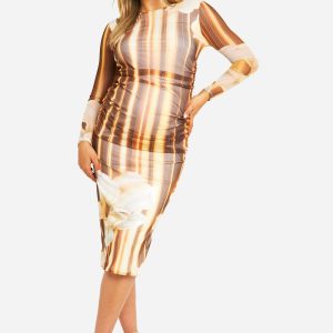 Zwangerschapsjurk met grote bloemenprint, mesh, gerafelde details, lange mouwen, midaxi jurk