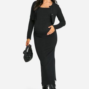 Zwangerschapsjurk met getextureerde rib, gestripte zij-split midaxi jurk & crop cardigan