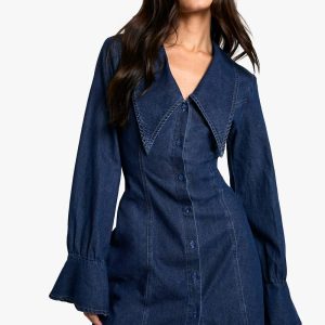 Tall Collar Detail Denim Shift Dress