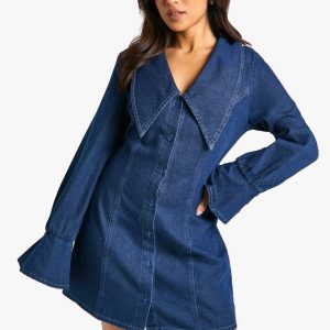 Petite Kraag Detail Denim Shiftjurk