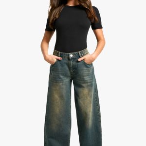 Petite jeans met lage taille, vintage tint en lossere boyfriend pasvorm