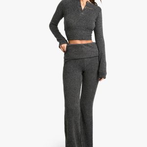 Geborstelde Chunky Rib Omgeslagen Taille Flare Broek