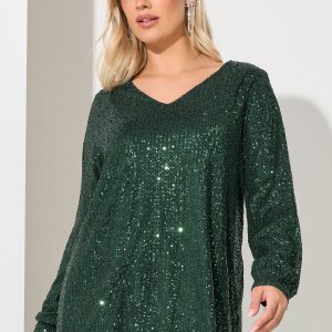 Yours London Top Met Paillettenversiering En Vhals In Donkergroen Size 58-60