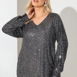 Yours London Top Met Paillettenversiering En Vhals In Zilver Size 58-60