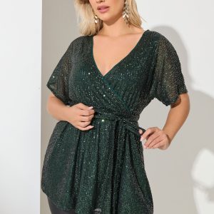 Yours London Wikkeltop Met Korte Mouwen En Paillettenversiering In Donkergroen Size 58-60