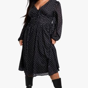 Plus geweven polkadot Milkmaid Midi Skater jurk