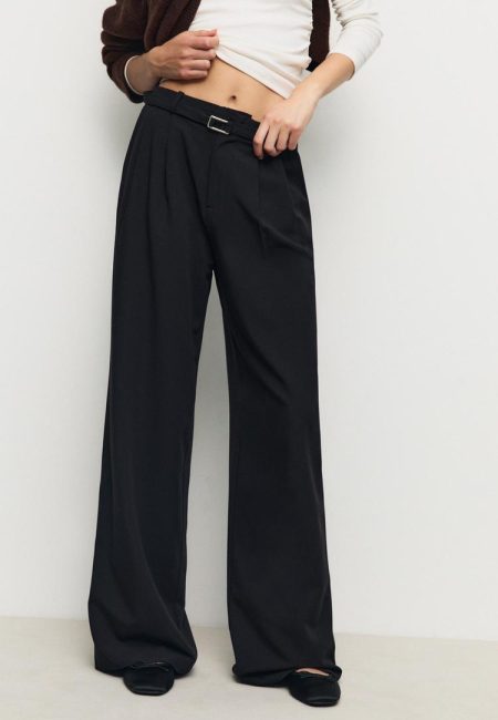 Stradivarius Wijde broek met gespdetail  Zwart 40