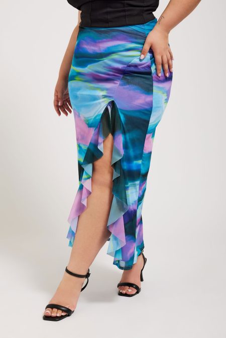 Yours London Maxirok Met Abstracte Print En Split Met Ruches In Blauw