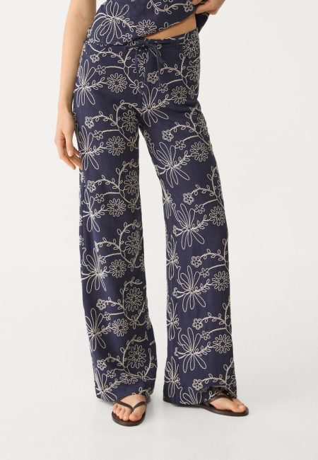 Stradivarius Straight geborduurde broek met linnen  Marineblauw 44