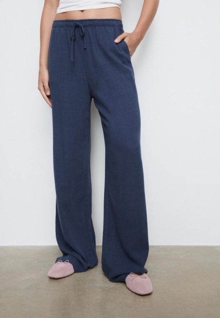 Stradivarius Zwierige broek met linnen  Marineblauw S