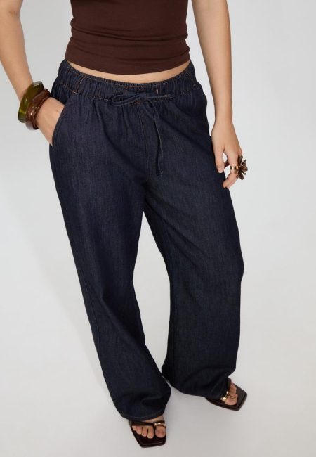 Stradivarius D35 Soepelvallende denim broek met trekkoord  VERBLEEKTE DENIM WASSING XL