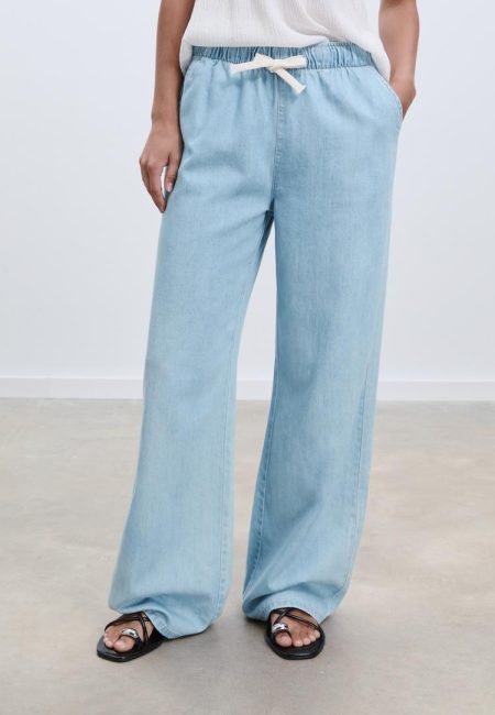 Stradivarius D35 Soepelvallende denim broek met trekkoord  LICHTE MIDDENBLAUWE DENIM WASSING S