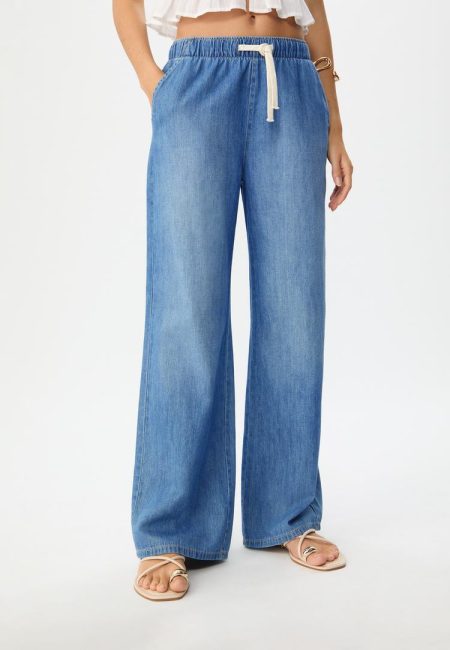 Stradivarius D35 Soepelvallende denim broek met trekkoord  MIDDENBLAUWE DENIM WASSING S